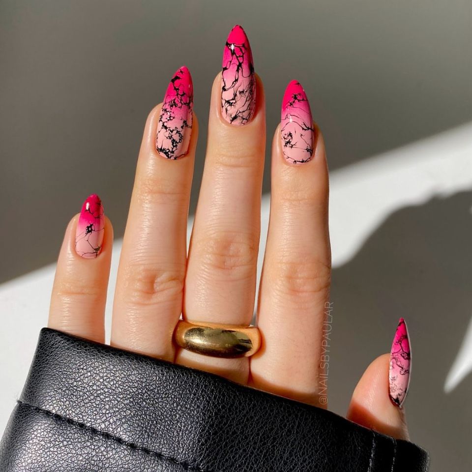 Glamorous Illusion Medium Almond Pink Ombre Press On Nail Set with Stunning Marble Design