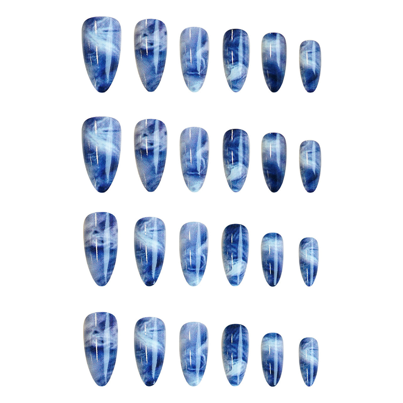 Celestial Dreamscape Medium Almond Blue Marble Press On Nail Set with Glimmering Effect