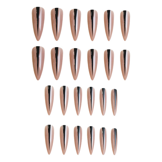 Glamorous Elegance Long Almond Beige with Bold Black Stripe Press on Nail Set