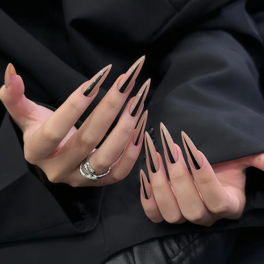 Mystical Midnight Elegance Long Stiletto Almond Shaped Brown and Black Press On Nail Set with Glossy Finish