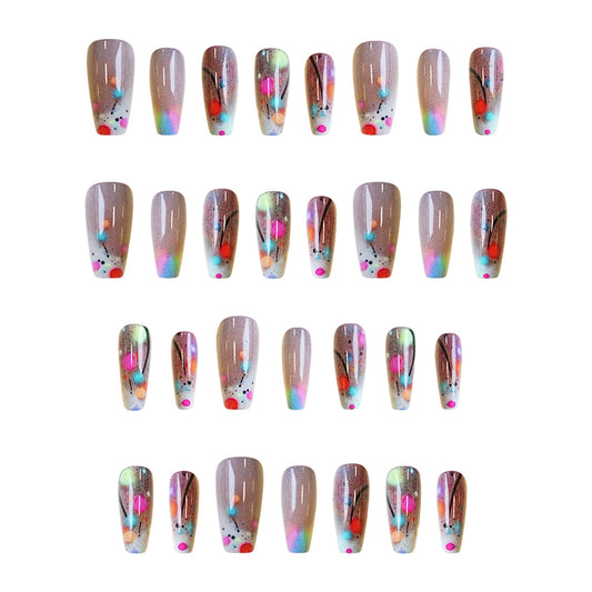 Whimsical Dreamscape Medium Coffin Multicolored with Artistic Floral Accents Press on Nail Set