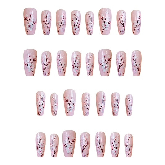 Elegant Blossom Charm Medium Square Pink Floral Press-On Nail Set with Beautiful Cherry Blossom Design