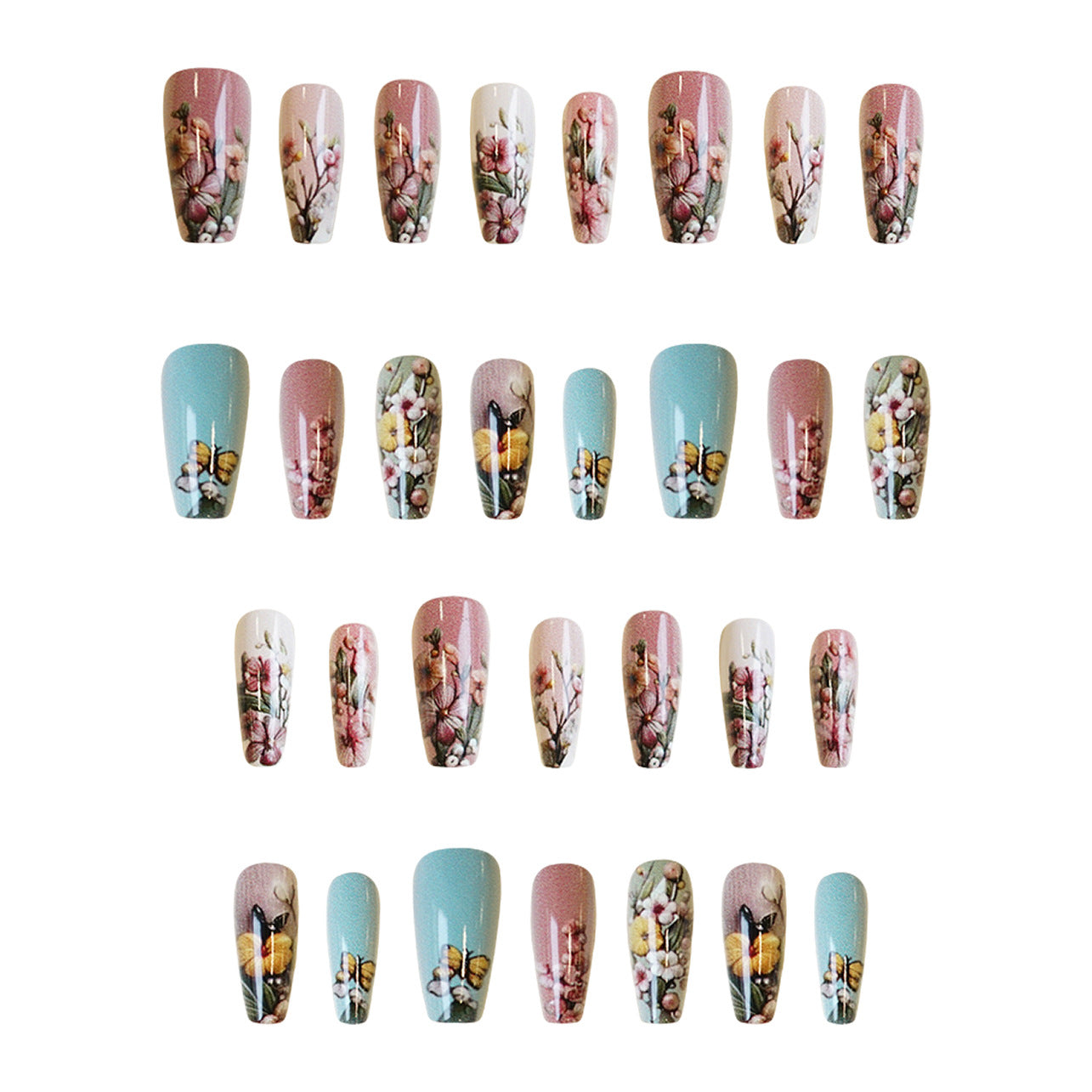 Blossom Garden Medium Coffin Press-On Nail Set in Pastel Pink and Blue with Floral Design