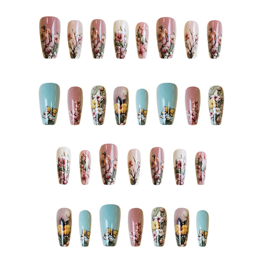 Blossom Garden Medium Coffin Press-On Nail Set in Pastel Pink and Blue with Floral Design