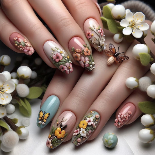 Whimsical Floral Fantasy Medium Coffin Multicolor with Unique Three Dimensional Decorations Nail Set