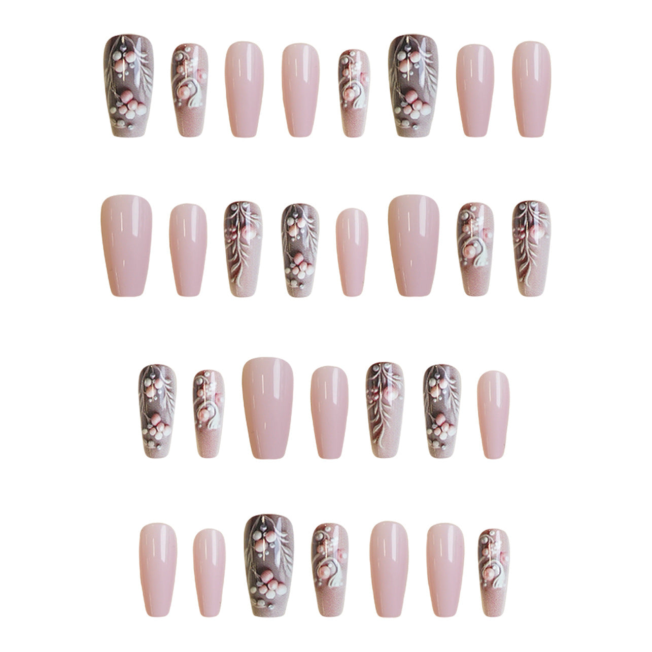 Whimsical Blossom Medium Coffin Soft Pink Floral Design Press-On Nail Set