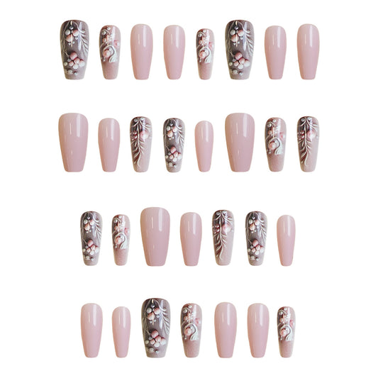 Whimsical Blossom Medium Coffin Soft Pink Floral Design Press-On Nail Set