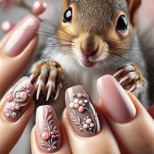 Whimsical Garden Inspired Medium Square Pink Press On Nail Set with Intricate Floral Detailing