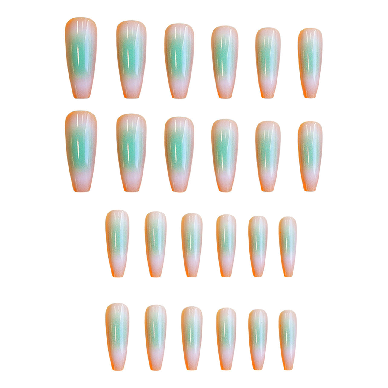 Ocean Breeze Dreamy Medium Coffin Gradient Press on Nail Set in Pastel Peach and Aqua with Iridescent Shine