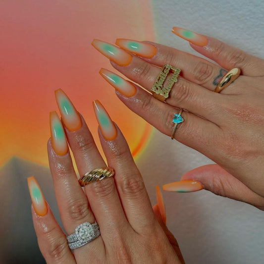 Dreamy Sunset Long Coffin Orange and Green Gradient Press on Nail Set with Glossy Finish