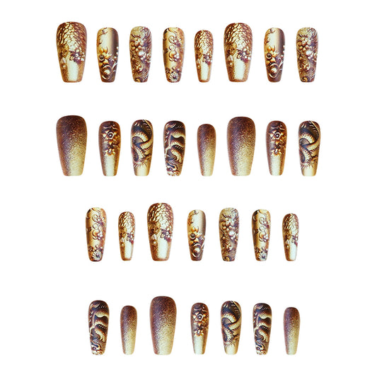 Dragon Fire Inspired Long Coffin Gold Ombre Press On Nail Set with Intricate Designs