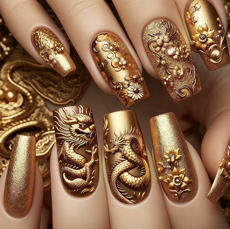 Mythical Elegance Medium Square Shaped Golden Press On Nails with Intricate Dragon Design