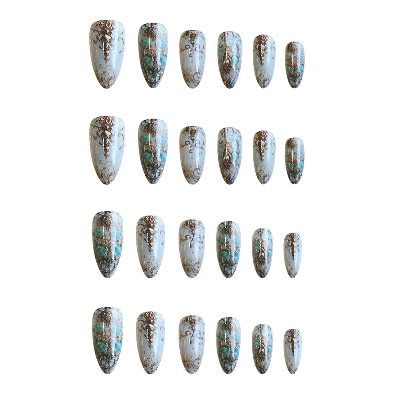 Enchanted Forest Medium Almond Teal and White Press On Nail Set with Intricate Gold Accents