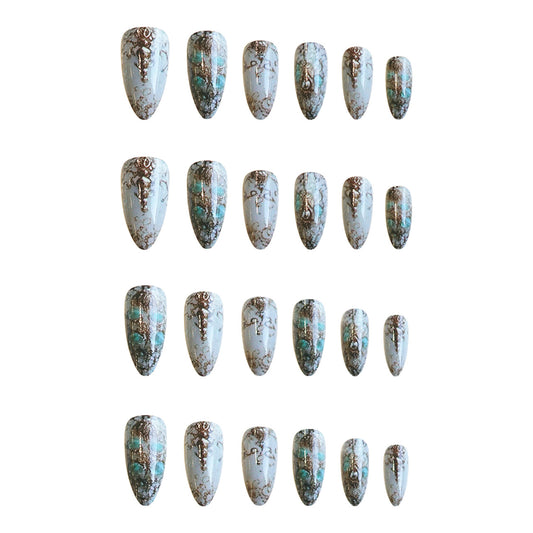 Enchanted Forest Medium Almond Teal and White Press On Nail Set with Intricate Gold Accents