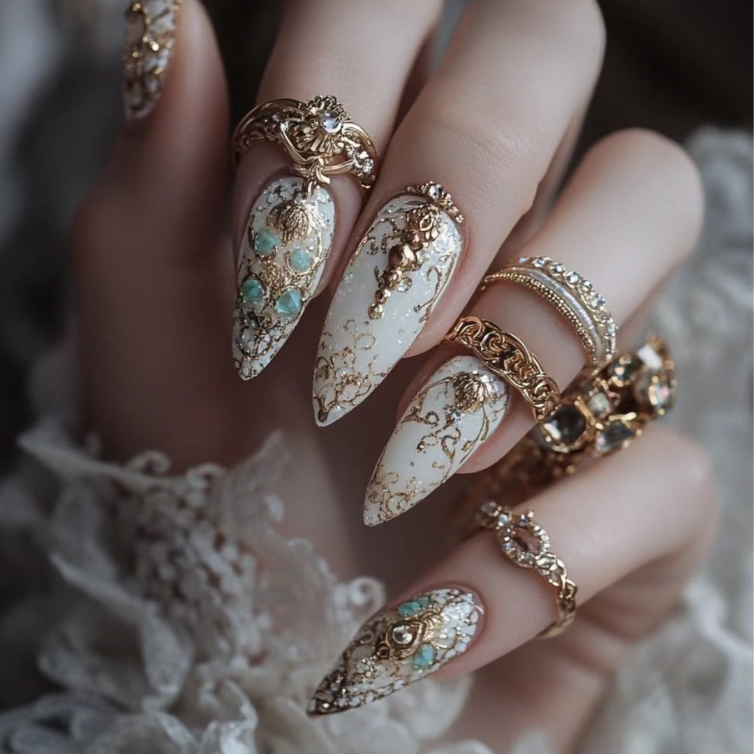 Enchanted Elegance Medium Almond White with Gold Floral Accents and Gemstone Detailing Press on Nail Set