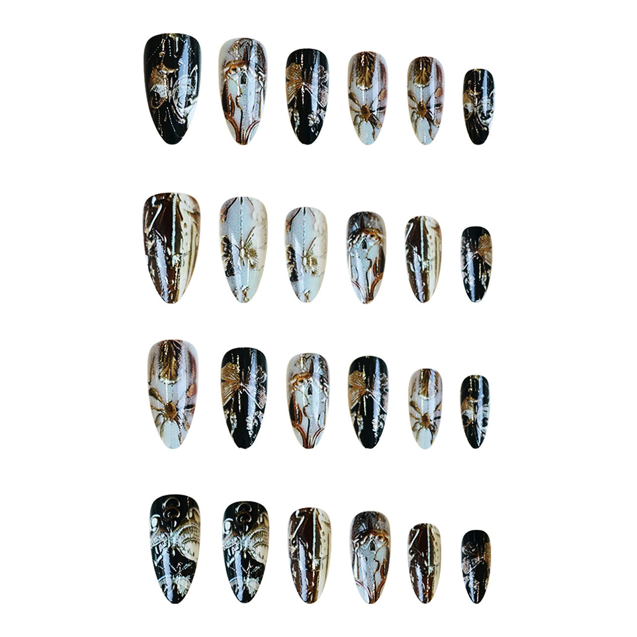 Gothic Elegance Medium Almond Black and White with Artistic Metallic Design Press On Nail Set