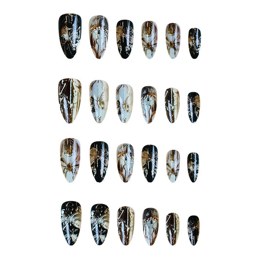 Gothic Elegance Medium Almond Black and White with Artistic Metallic Design Press On Nail Set