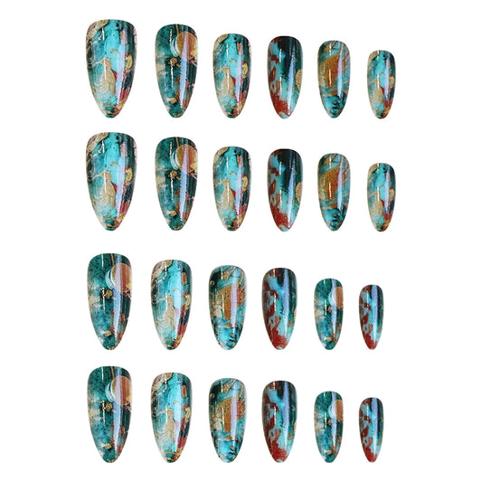 Oceanic Dream Medium Almond Teal with Artistic Gold Accents Press-On Nail Set
