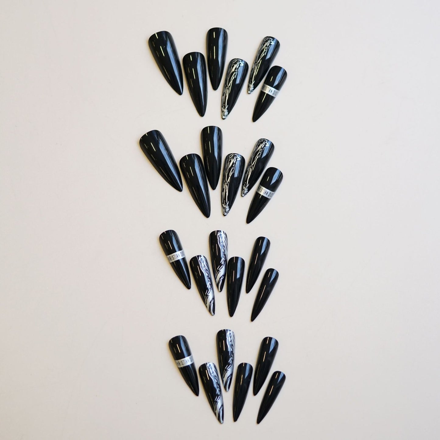 Mysterious Night Dream Long Stiletto Black Press-On Nail Set with Stunning Marble Accents