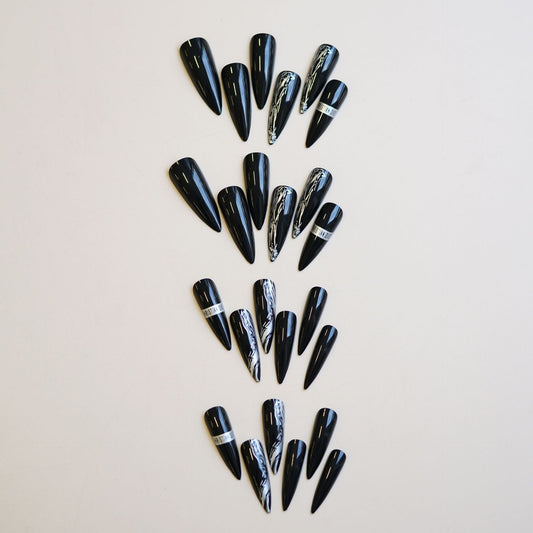 Mysterious Night Dream Long Stiletto Black Press-On Nail Set with Stunning Marble Accents