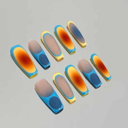 Sunset Bliss Long Coffin Turquoise and Yellow Nails with Artistic Gradient Design