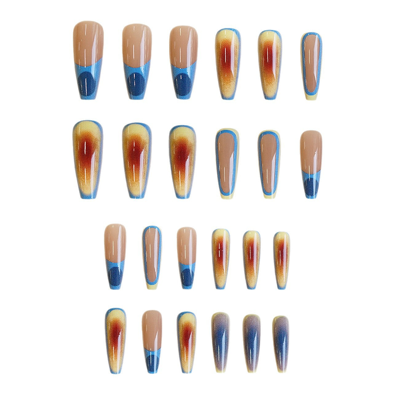 Bohemian Chic Long Coffin Beige and Blue Ombre Press-On Nail Set with Shimmering Finish