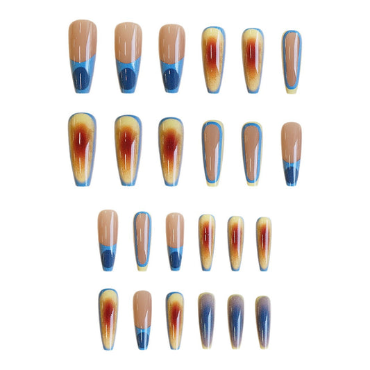 Bohemian Chic Long Coffin Beige and Blue Ombre Press-On Nail Set with Shimmering Finish