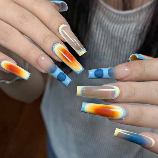Tropical Sunset Long Square Blue and Orange Gradient Press-On Nail Set with Unique Transparent Accent Design