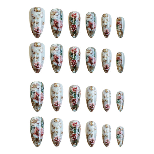 Whimsical Garden Inspired Medium Almond Shaped White with Floral Embellishments Press On Nail Set