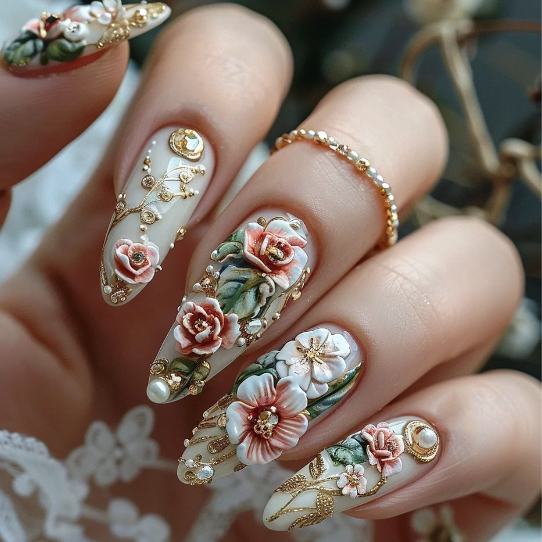 Elegant Floral Fantasy Medium Almond Shaped Cream with 3D Flower Embellishments Press on Nail Set