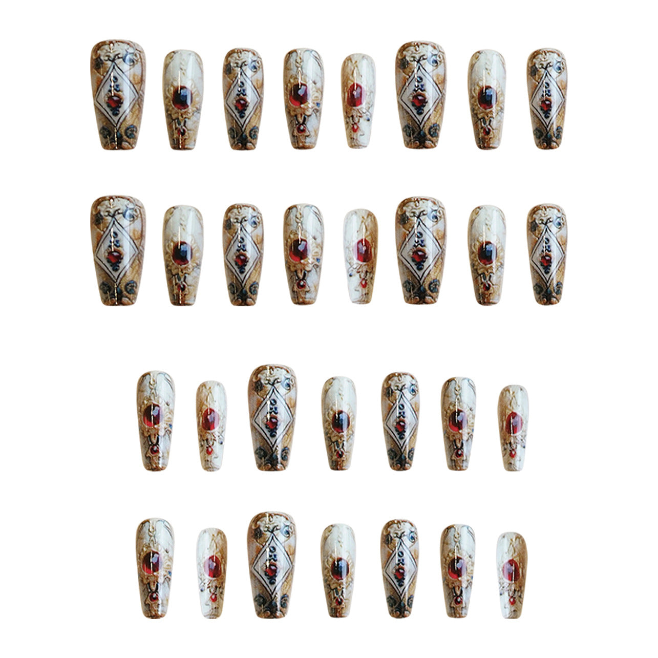 Vintage Elegance Medium Coffin Ivory with Gemstone Accents Press-On Nail Set