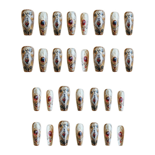 Vintage Elegance Medium Coffin Ivory with Gemstone Accents Press-On Nail Set