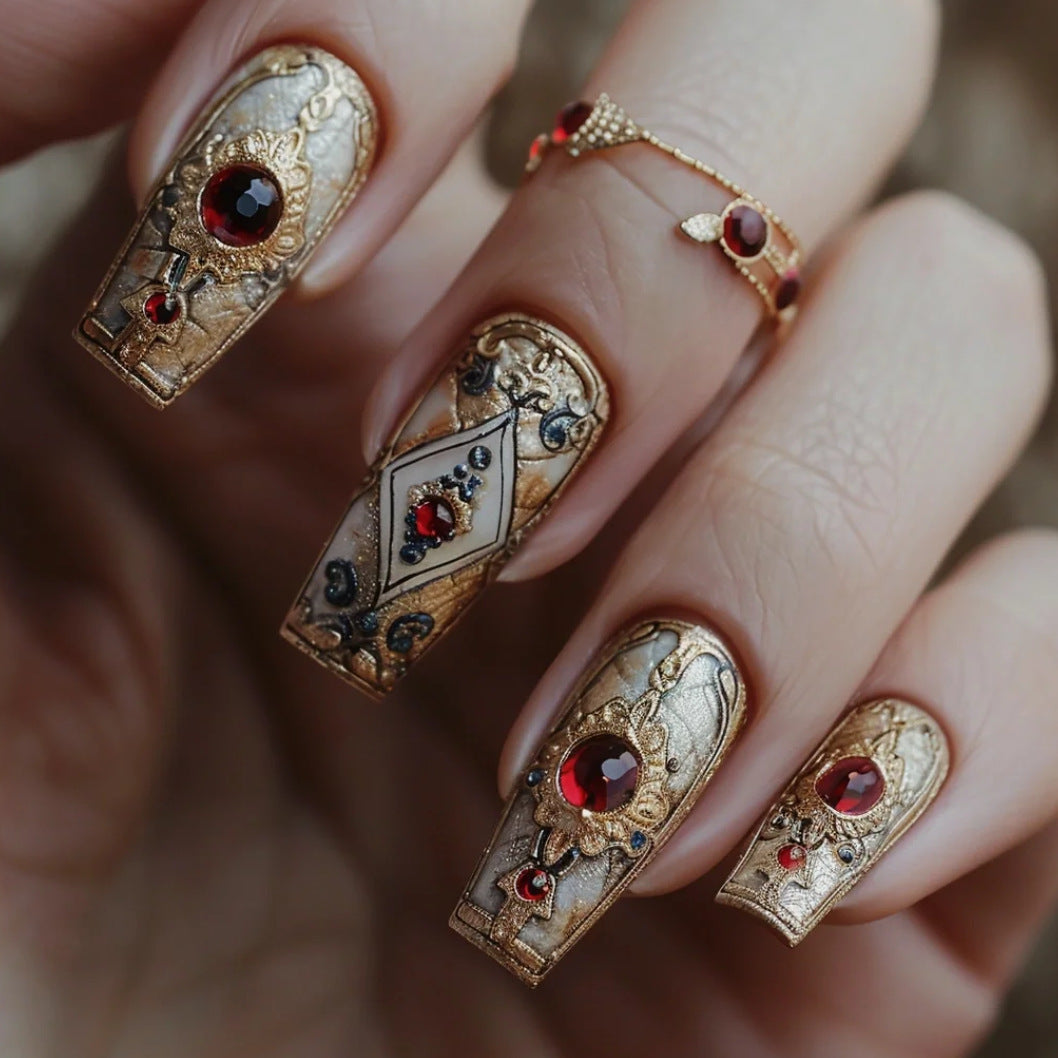 Glamorous Royal Length Medium Square Gold Color with Intricate Jewel Embellishments Press On Nail Set