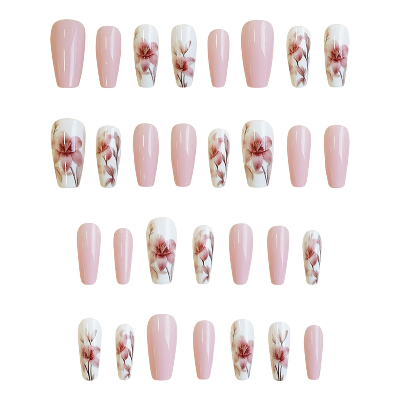 Blossom Elegance Medium Coffin Pink Press On Nail Set with Floral Artwork