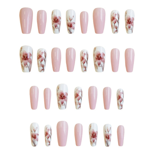 Blossom Elegance Medium Coffin Pink Press On Nail Set with Floral Artwork