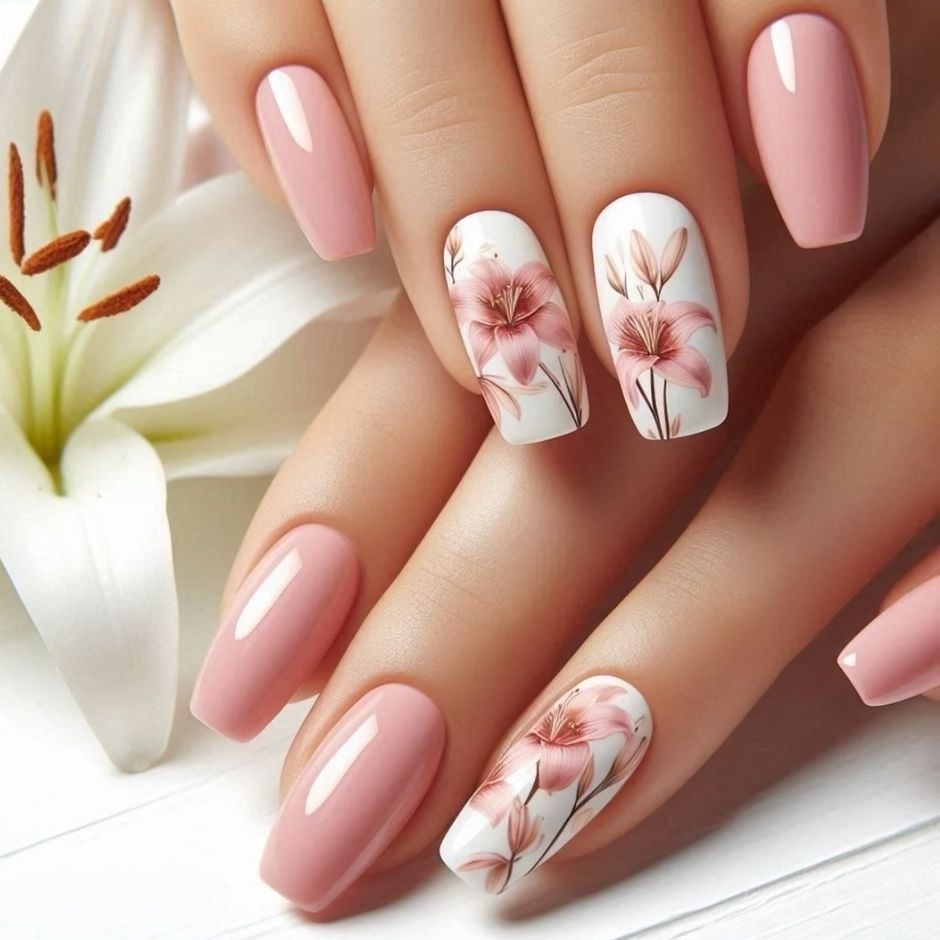 Blossom Elegance Medium Square Pink Press On Nail Set with Floral Design
