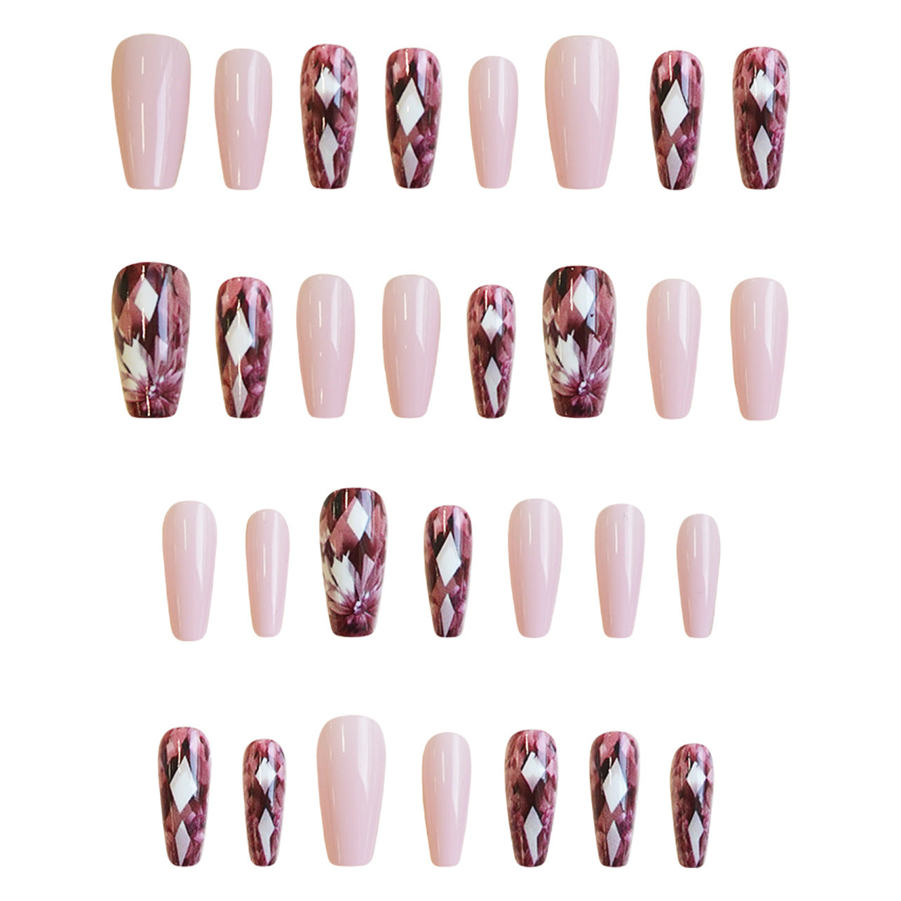 Enchanting Elegance Medium Coffin Pink and Burgundy Floral Press-On Nail Set with Sparkling Diamond Accents