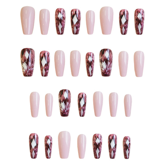Enchanting Elegance Medium Coffin Pink and Burgundy Floral Press-On Nail Set with Sparkling Diamond Accents