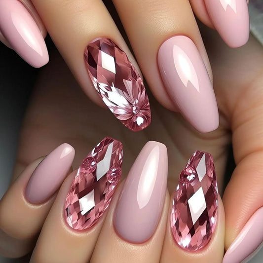 Glamorous Pink Medium Coffin Press On Nail Set Featuring Elegant Gemstone Accents