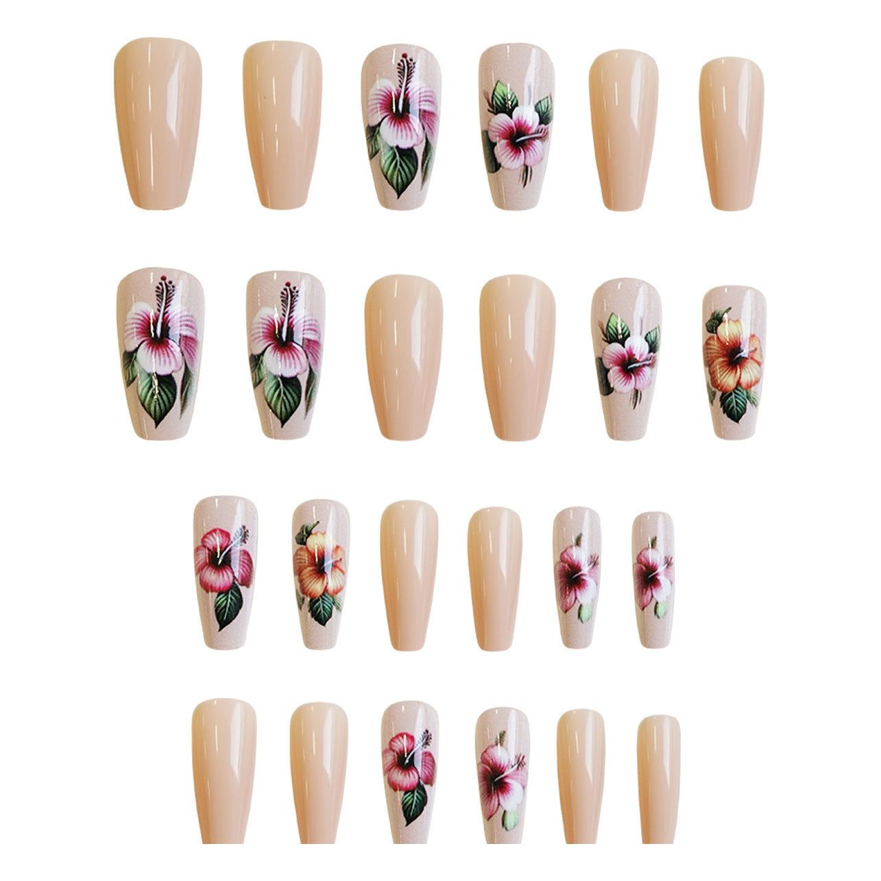 Tropical Paradise Medium Coffin Beige Press On Nail Set with Floral Art Design