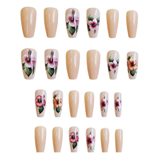 Tropical Paradise Medium Coffin Beige Press On Nail Set with Floral Art Design