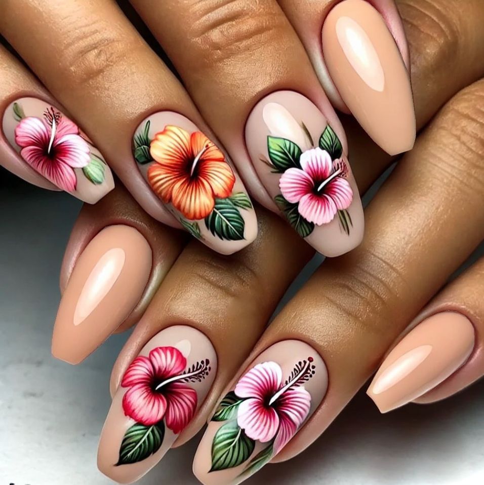 Tropical Bliss Medium Coffin Shape Soft Beige with Floral Artwork Press on Nail Set