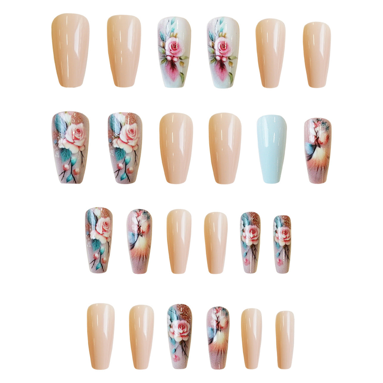 Enchanted Garden Elegant Medium Coffin Shaped Beige and Pastel Floral Press on Nail Set with Unique Artistic Design