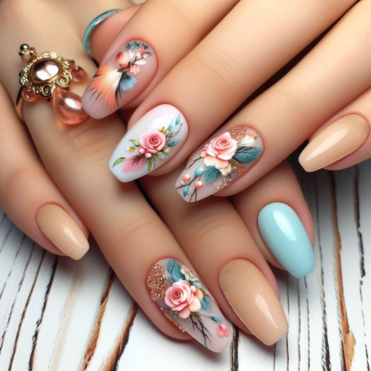 Floral Dreams Medium Coffin Press on Nail Set in Soft Pastel with Intricate Flower Art