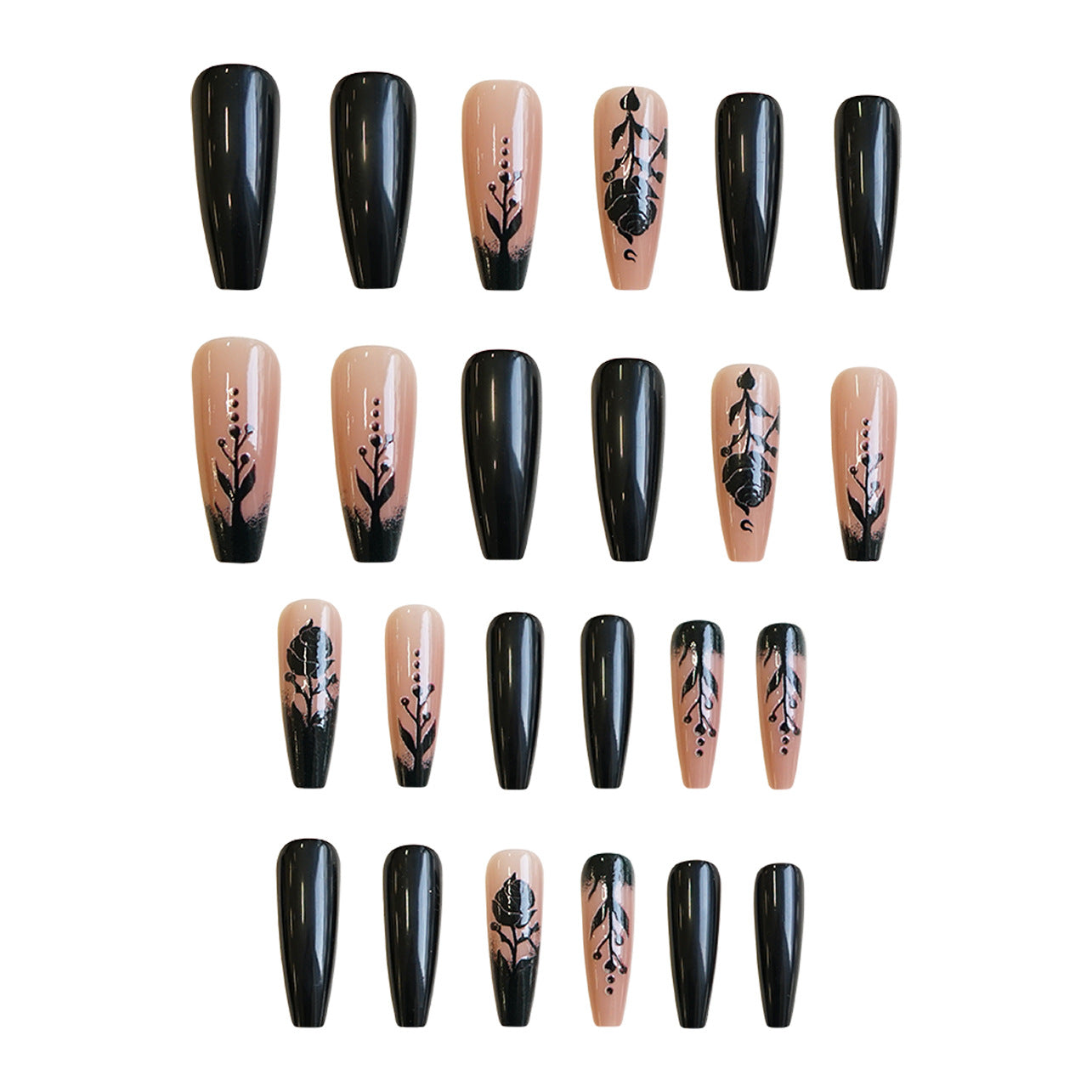 Mystical Garden Long Coffin Black and Beige Artistry Press-On Nail Set