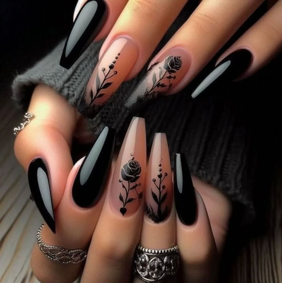 Mystical Elegance Long Coffin Shaped Black and Beige Ombré Floral Press-On Nail Set