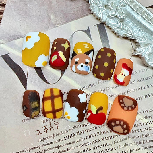 Cozy Autumn Vibes Square Short Brown and Yellow Nail Set Featuring Cute Animal and Food Designs