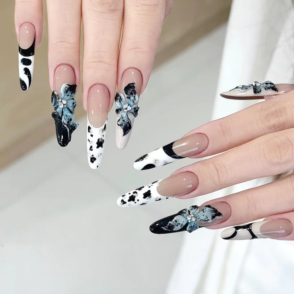 Chic Floral Fantasy Long Stiletto Black and White Multi-Design Press-On Nail Set with Elegant Three-Dimensional Accents