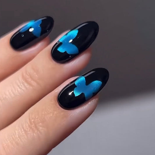 Mystical Butterfly Dream Medium Oval Midnight Blue Press-On Nail Set with Iridescent Floral Accents