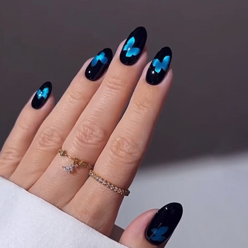 Butterfly Dreams Medium Oval Black Press On Nail Set with Striking Blue Butterfly Accent